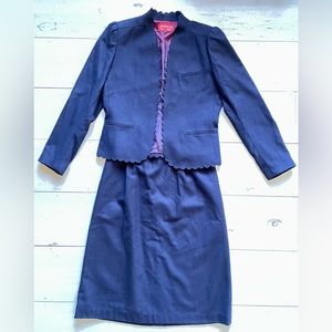 Sasson Scalloped Edge Women’s Navy Blue Two-Piece Wool Blend Blazer & Skirt Set